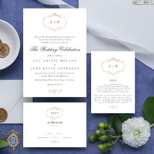 Invitación boda monograma de escudo de oro clásico romántico