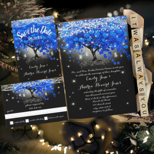 Invitación Árbol de hojas del corazón azul real de Chalkboard