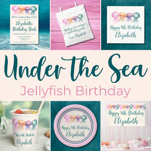 Pegatina Cuadrada Cute Jellyfish Under the Sea Birthday Gracias