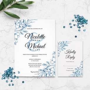 Invitación Boda floral azul clásico