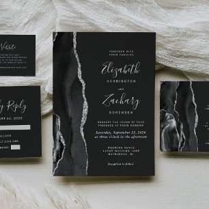 Tarjeta De Recepción Código QR del Boda oscuro del Agate de plata negra