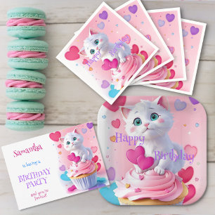 Invitación Girly Cute White Kitten y Fiesta de Cumpleaños de 