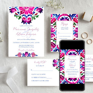 Invitación Baldosas mexicanas de color rosa azul en un solo b