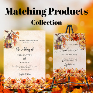 Póster Boda otoño naranja florals bienvenido
