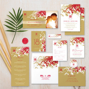 Invitación Bambú dorado rojo deja Boda chino doble Xi