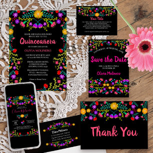 Invitación Quinceanera Fiesta Mexicana Floral Nacimiento Negr