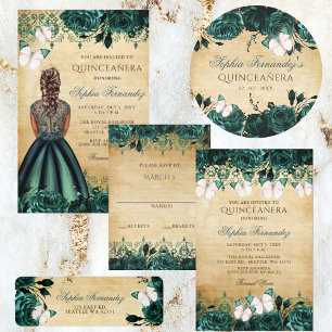Pegatina Redonda Mariposa floral Rústica Vintage Green Esmeralda