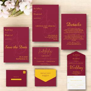 Invitación Boda Mínimo De Burgundy Y Oro Monograma Fancy