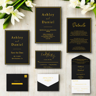 Tarjeta De Recepción Elegante Moda Negro Y Dorado Boda De Lujo Moderno