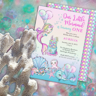 Invitación Nuestra pequeña sirena Chica primer Fiesta de cump