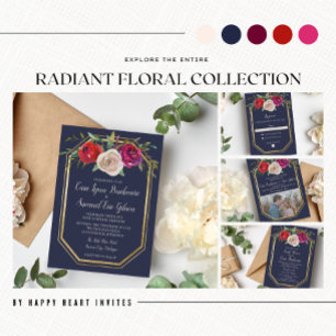 Invitación Boda Rojo Borgoña Azul de la Marina Floral Radiant