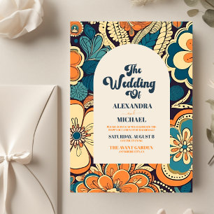 Menú Boda Floral Groovy Retro 70 de color moderno