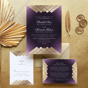 Invitación Geo Purple Gold Gatsby Calligraphy Boda