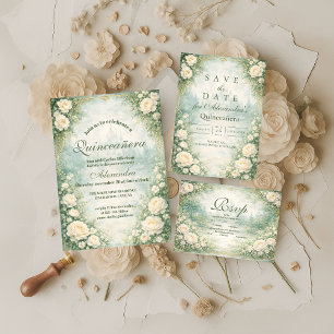 Invitación Quinceañera Floral Verde Dorado Jardín