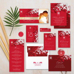 Pegatina Redonda Bambú rojo y blanco deja Boda asiático zen moderno