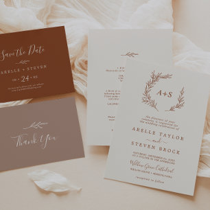 Invitación Hoja mínima   Boho Cream Formal Monograma Boda
