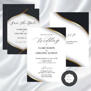 Pegatina Redonda Elegante Boda de oro blanco negro