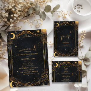 Tarjeta De Recepción Tarot Boda celeste Sun Moon Stars Gold