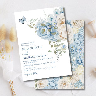 Invitación Boda floral de color azul turbio y romántico