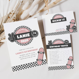 Invitación Jugador de chicas de Skateboard Groovy Hippie Cump