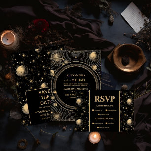 Tarjeta De Agradecimiento Boda místico de galaxia celeste de oro negro