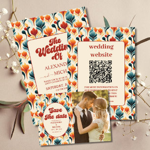 Invitación Todo En Uno Código QR Groovy Retro 70 Boda Floral