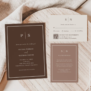 Invitación Boda Minimalista Marrón y Borde Blanco Cremoso Chi