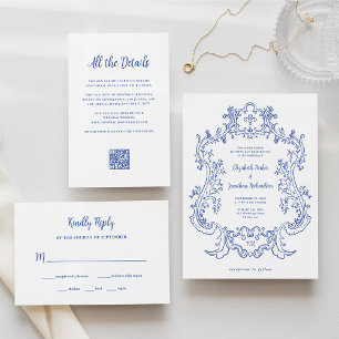 Invitación Azul Regal   Boda de cuadro barroco vintage