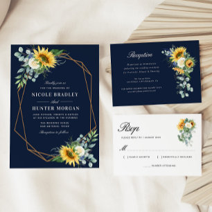 Invitación boda geométrico floral azul marino de girasol