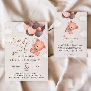 Invitación Oso Bebé, Globos Marrones, Primer Cumpleaños