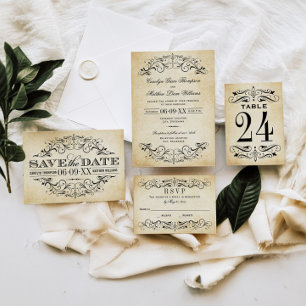 Invitación Boda de pergamino de flor negro rústico vintage