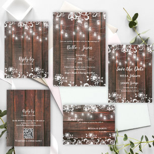 Postal De Invitación Madera Rústica con luces de cadena Boda de lintern