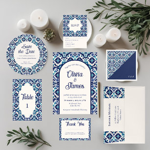 Tarjeta De Agradecimiento Personalizado Blue Mediterranean Tile Boda Gracias