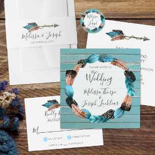 Invitación a la boda de plumas rusticas de madera 