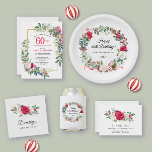 Invitación Floral de rosa blanca roja Holly fiesta de cumplea