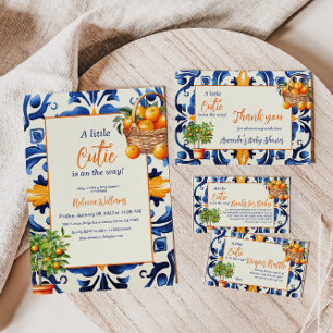 Tarjeta De Agradecimiento Blue Tile Cutie Naranja Citrus Baby Shower Favor