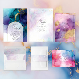 Invitación Boda suave de tinta azul y dorada para alcohol