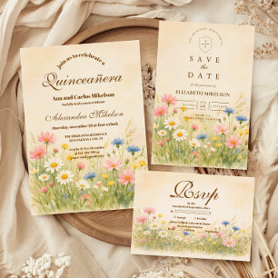 Reserva La Fecha Pradera de flores silvestres Quinceañera dorada