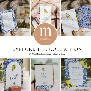 Invitación Boda fotográfico Blue Mediterranean Tile y citrus
