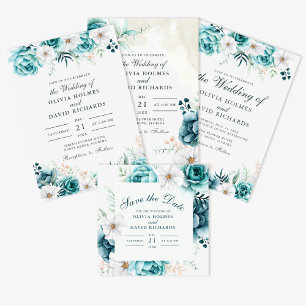 Invitación Boda floral Verde azulado fuera de blanco moderno