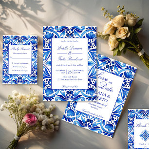 Invitación Boda de azulejos azules de la época de Talavera Az