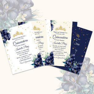 Servilleta De Papel Floral azul de la marina y tiara de oro Quinceaner