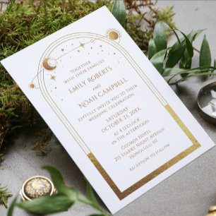 Invitación Espacio lunar de estrella de sol de oro blanco cel