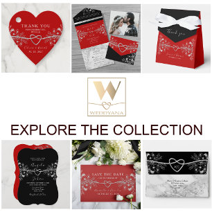 Invitación Todo En Uno Boda de código QR moderno negro y rojo