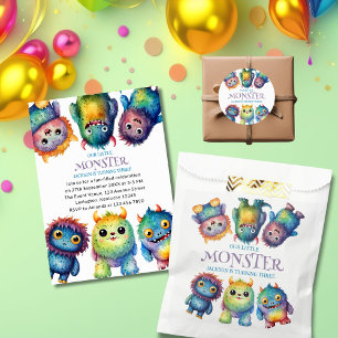 Pegatina Redonda Pequeños monstruitos de colores alegres cumpleaños