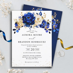Invitación Todo En Uno Boda floral metálico Royal Blue Yellow Gold