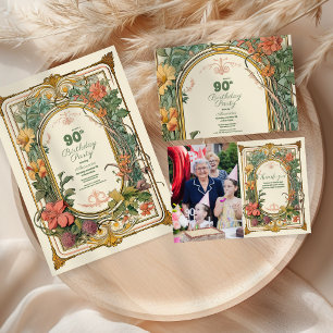 Invitación Vintage Floral Art Nouveau 90 cumpleaños