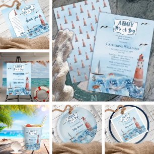 Invitación Ahoy es un faro de niño que roció bebé en el océan