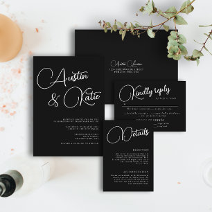 Invitación Todo En Uno Monograma blanco y negro Código QR Minimalista RSV