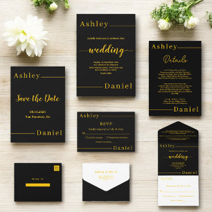 Invitación Boda elegante y chic negra y dorada moderna y simp